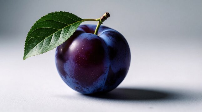 Fresh ripe plum with green leaf on plain background. Single juicy purple fruit macro shot. Healthy organic plum skin with natural texture. Sweet summer fruit isolated for food design, diet concept
