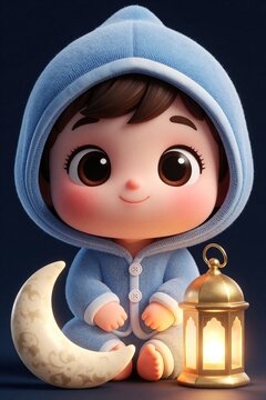 Cute cartoon child wears blue pajamas, sits with crescent moon and glowing lantern. Ramadan celebration theme, Islamic greeting for kids, children illustration.