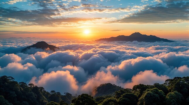 Sunrise over mountains above sea of clouds. Sun sets casting golden light on vast fluffy clouds and silhouetted mountain peaks. Forested foreground.
