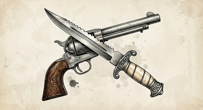 Crossed revolver and combat knife on aged parchment background
