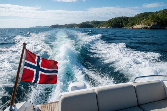 Motorboat speeds through blue ocean waters leaving white foamy wake behind. Norwegian flag flutters proudly near green forested islands on sunny day. Pure adventure.