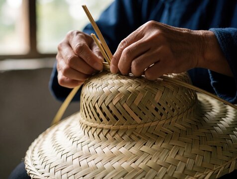 Hands weave traditional bamboo hat, skilled craft work. Natural material, asian culture, handmade item. Close-up detail shows artisan making hat.