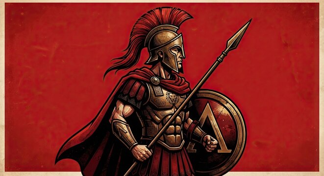 Spartan warrior holding spear and shield against red background
