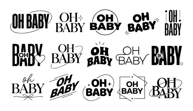 Collection of various black and white typography designs featuring the phrase oh baby for baby shower invitations and decorations