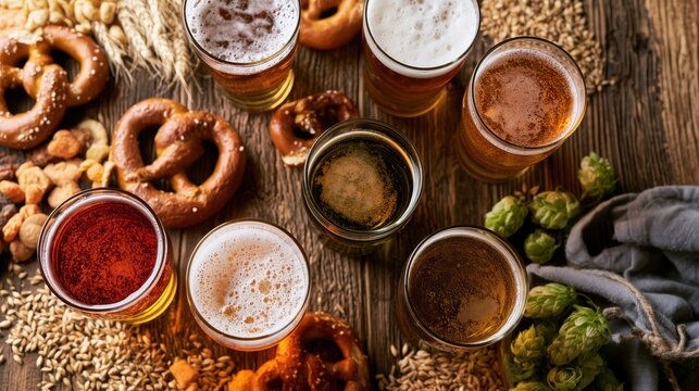 Top-down composition of different craft beers surrounded by pretzels, snacks, barley and fresh hops on a rustic wooden table. Warm natural light and copy space.
