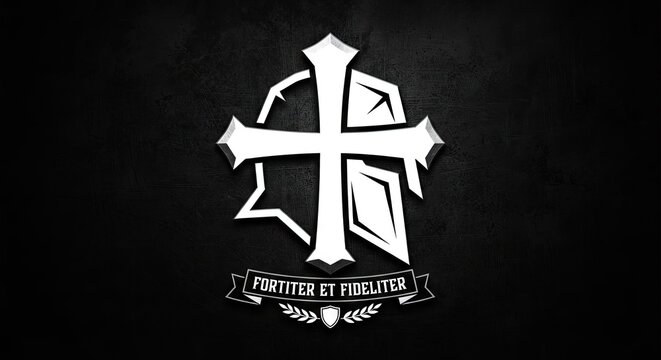 White heraldic cross logo with Latin motto on black background
