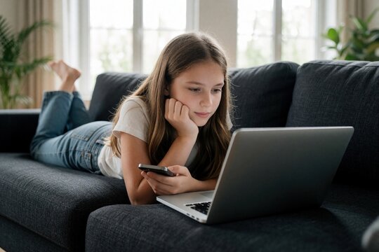 Teenage girl lies on dark sofa using laptop, smartphone. Young student studies online browses web in living room. Girl works with tech devices at home during quarantine school break. Digital