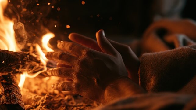 Close-up of a person warming their hands beside a natural fireplace. Warm flames, glowing embers and a wool blanket create an authentic cozy winter atmosphere focused on comfort and warmth.