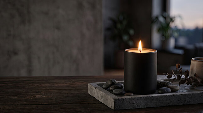 Black candle flame on wooden table with stones with leaves wooden surface