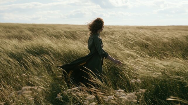 Person standing in a vast field of tall grass on a windy day, touching the grass as wind moves their hair and clothing, creating a natural sense of freedom and fresh air.