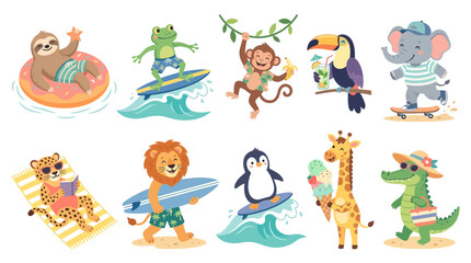 Obraz premium Set of cute tropical animals on vacation including a sloth frog monkey toucan elephant leopard lion penguin and giraffe