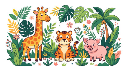 Naklejka premium Cute cartoon giraffe tiger and pig with tropical leaves and palm tree elements isolated on a transparent background