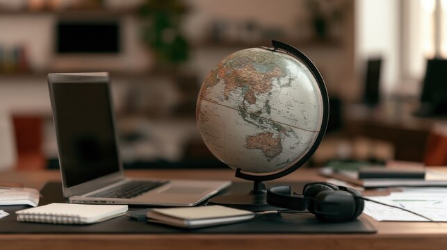 Modern translator workspace with globe, laptop, headphones and documents on a wooden desk. Concept of multilingual communication, international business, translation and global connectivity.