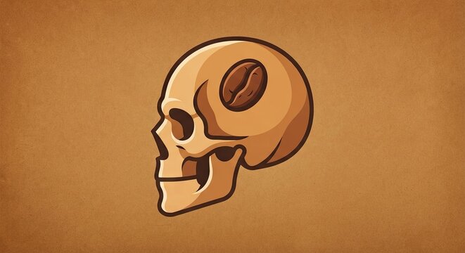 Minimalist illustration of skull with coffee bean in eye socket
