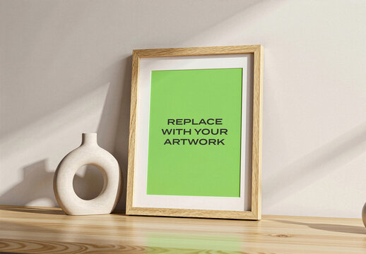 Vertical framed poster mockup displayed on a wooden surface, realistic wall art presentation with natural light, minimalist interior decor, contemporary graphic design display, template