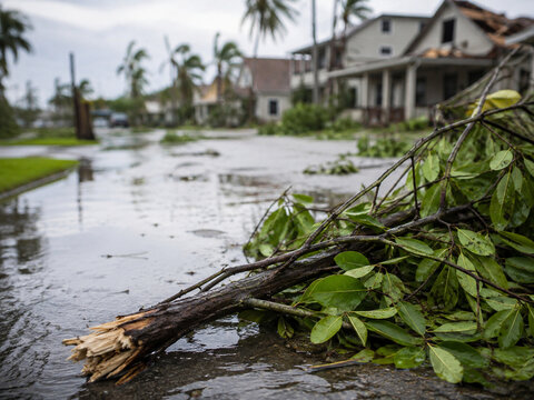 Broken tree branch and fresh green debris lie across a flooded residential street after a hurricane, with storm-damaged homes softly blurred in the background.