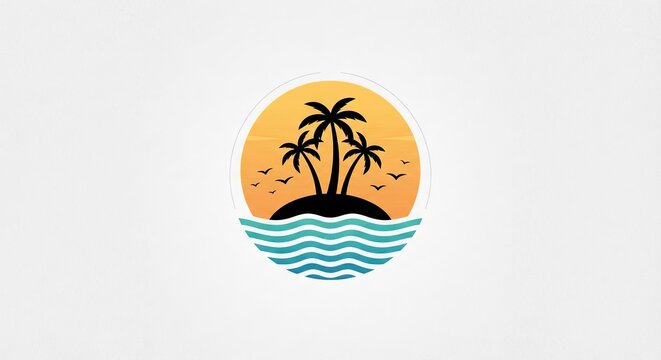 Circular logo of tropical island with palm trees and waves
