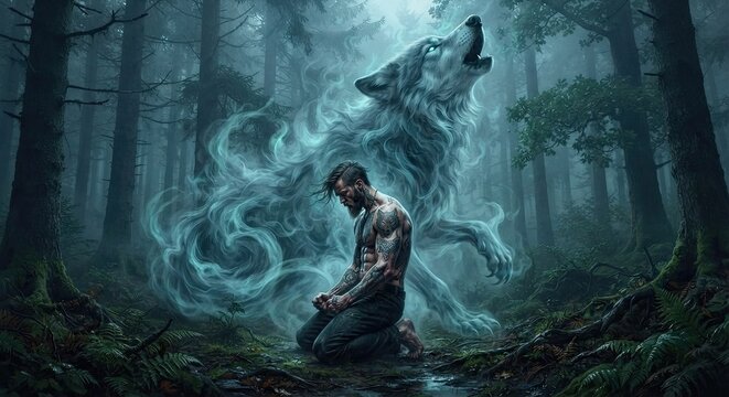 Bearded man kneeling in forest with ghostly wolf spirit behind him
