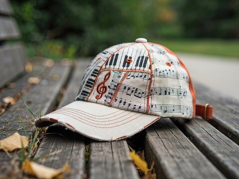 Baseball cap with musical note and piano key pattern on wooden bench
