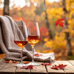 Naklejka premium Two glasses of golden wine rest on a wooden rustic table surrounded by red leaves in a cozy autumn forest, evoking warmth and romantic seasonal tranquility with nobody present.