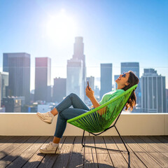 Fototapeta premium Joyful young woman relaxes in a green chair on a sunny rooftop, smiling while holding a smartphone with a dramatic city skyline in the background, evoking freedom and urban luxury.