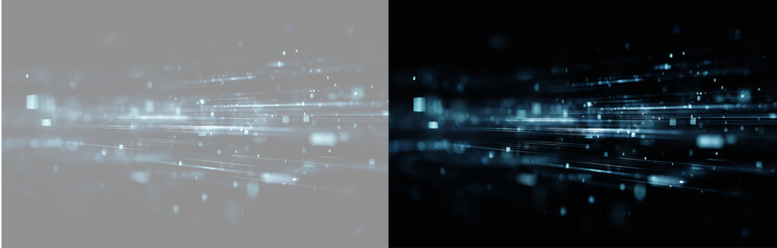 Abstract glowing blue digital particle stream isolated on black and grey background. Bright cyan futuristic data technology lines motion overlay. Luminous blue speed stream particles wave
