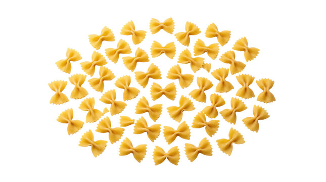 Farfalle pasta collection on white background, dry bow tie pasta noodles, uncooked yellow italian pasta assortment for food packaging