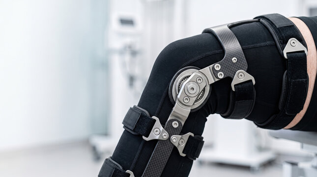 Close up of a patient leg wearing a medical orthopedic knee brace with pain