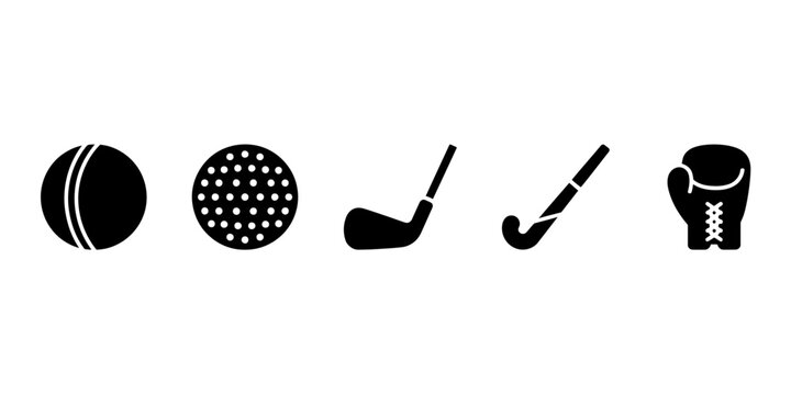 Set of five golf sports icons including ball and club