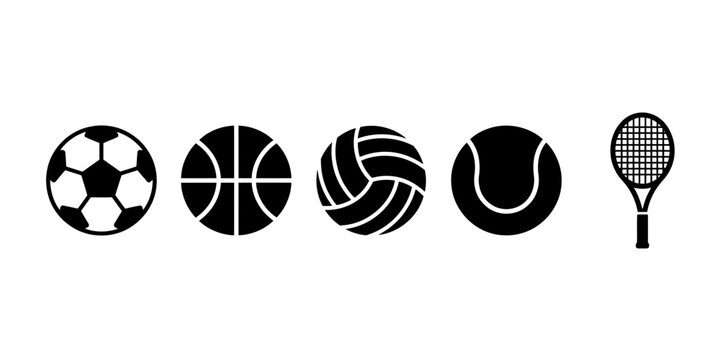 Black and white sports balls and racket icons set