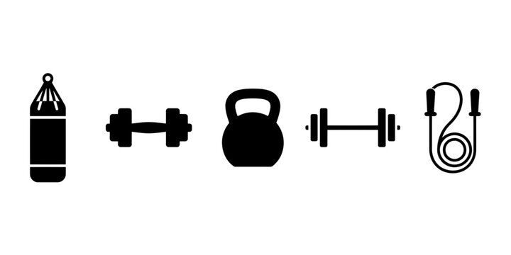 Black fitness equipment icons set with dumbbells and kettlebell