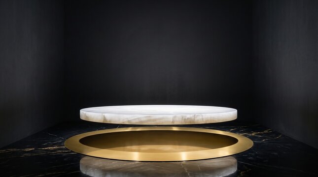 Floating circular white marble platform above gold ring on black background