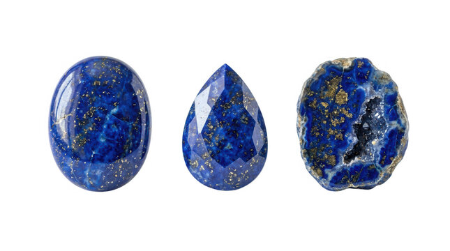 Display of stunning lapis lazuli gemstones showcasing diverse shapes and cuts against a clear background