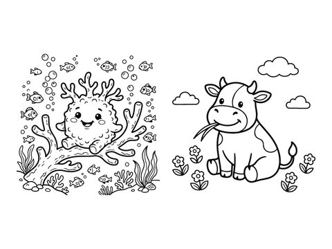 Baby Coral Polyp with Fish and Baby Cow Chewing Grass Coloring Pages