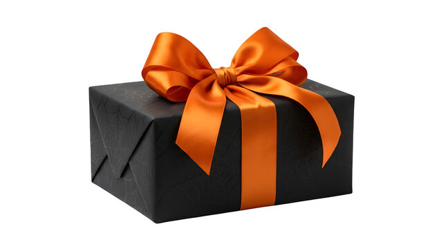 A black gift box with a spider web pattern wrapped with a vibrant orange satin ribbon bow isolated on transparent background