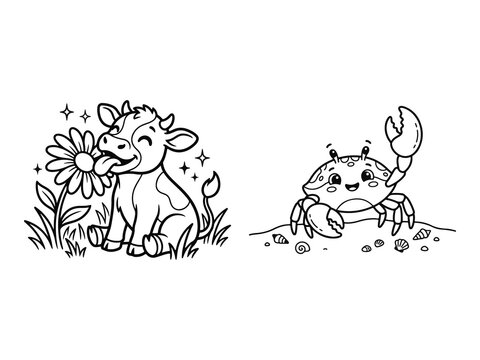 Baby Cow Licking Daisy Flower and Baby Crab Waving Claw Coloring Pages