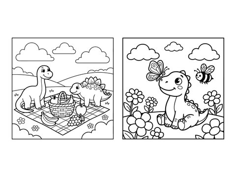 Baby Dinosaur with Butterfly and Baby Dinosaurs Having Picnic Coloring Pages