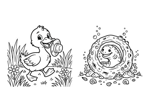 Baby Duck Carrying Straw Hat and Baby Eel Peeking Coral Hole Coloring Pages