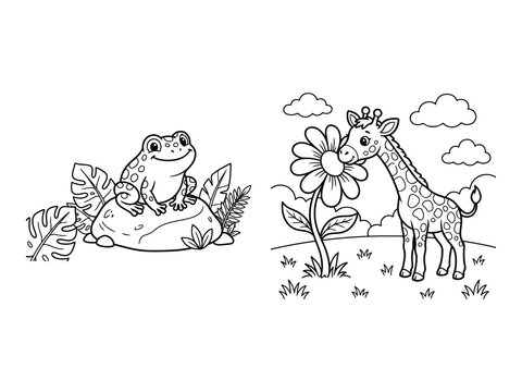 Baby Frog on Jungle Rock and Baby Giraffe Smelling Large Flower Coloring Pages