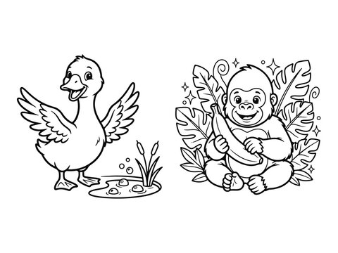 Baby Goose Spreading Wings in Pond and Baby Gorilla with Banana Coloring Pages
