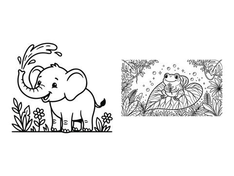 Baby Elephant Spraying Water and Baby Frog Holding Flower Leaf Coloring Pages