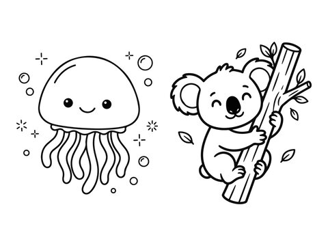 Baby Jellyfish Floating with Tentacles and Baby Koala on Branch Coloring Pages