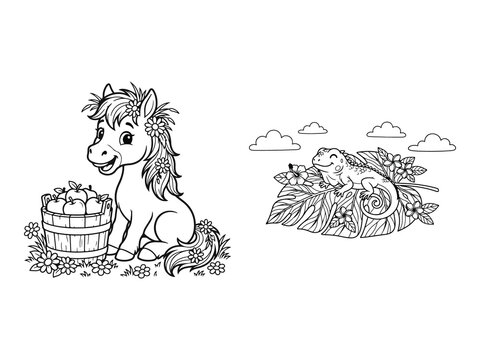 Baby Horse Beside Bucket and Baby Iguana Resting on Leaf Coloring Pages