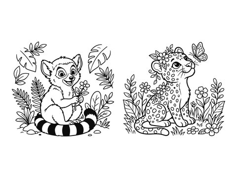Baby Lemur Holding Flower and Baby Leopard Watching Butterfly Coloring Pages