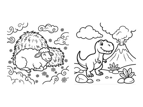 Happy Dinosaur with Heart Stars and Happy Sheep Beside Hay Bale Coloring Pages