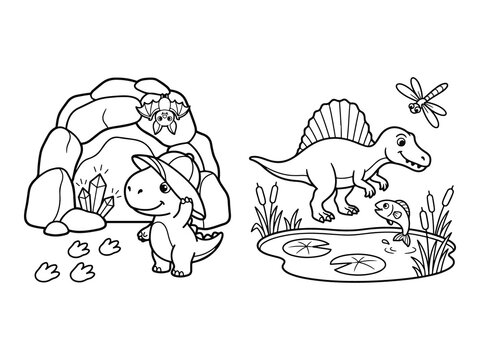 Smiling Calf Wearing Bell and Smiling Dinosaur by River Coloring Pages