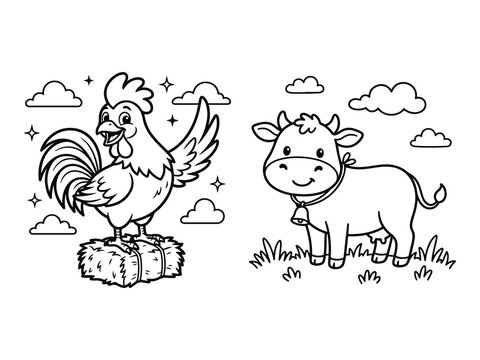 Rooster on Hay Bale and Smiling Spinosaurus by Pond Coloring Pages