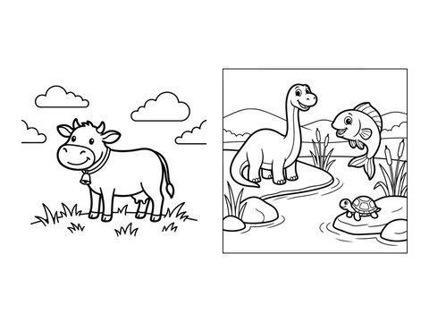 Smiling T-Rex Roaring with Friend and Smiling Calf with Bell Coloring Pages