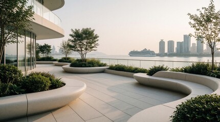 Fototapeta premium Modern patio with curved seating overlooks bay cityscape with cruise ship. Minimalist landscaping and contemporary architecture blend with serene water views.