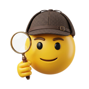 Detective emoji wearing brown checkered deerstalker hat and holding glass magnifier for investigation and searching visual concepts on transparent background.
